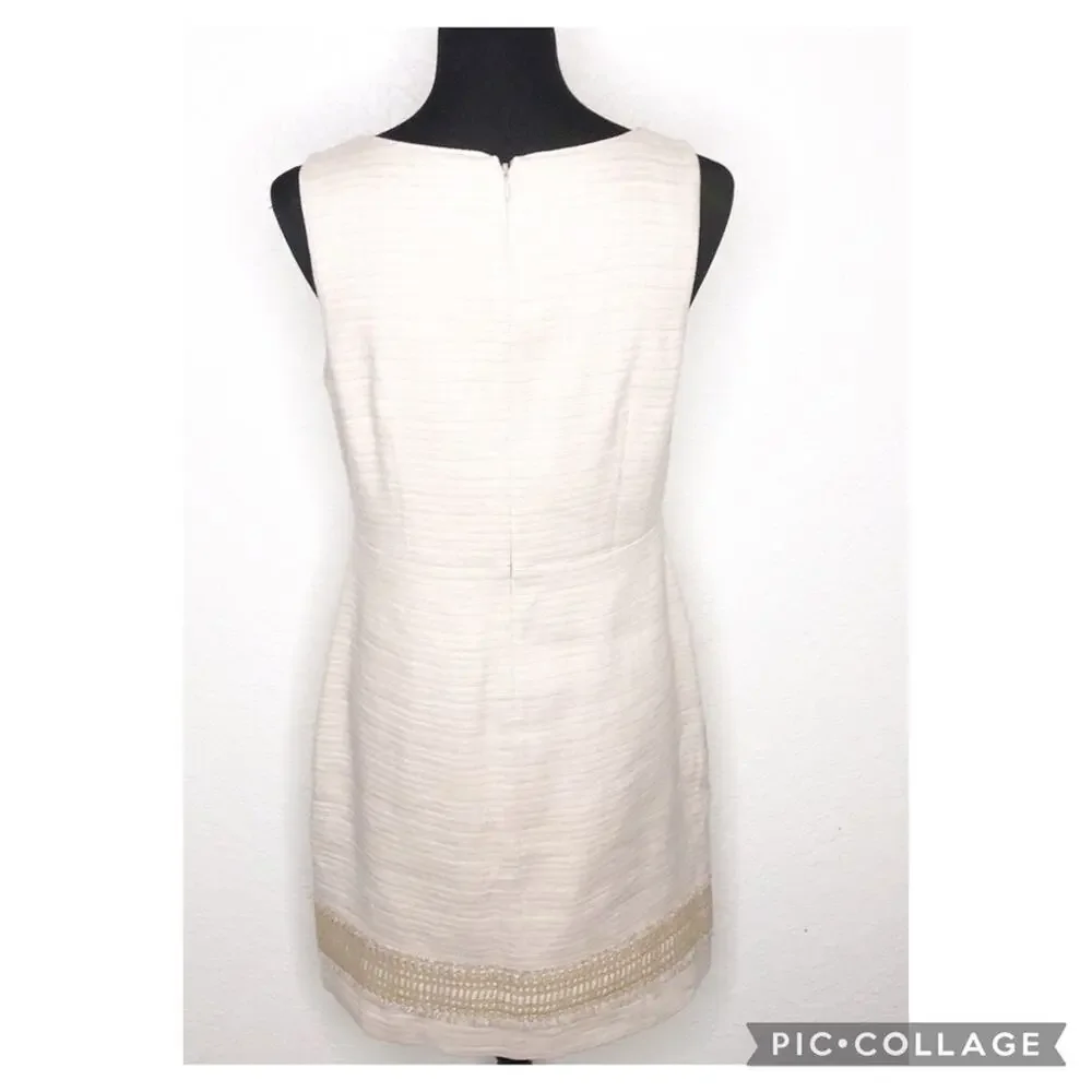 WHBM tan cream fringe trim linen blend sleeveless sheath dress size 8